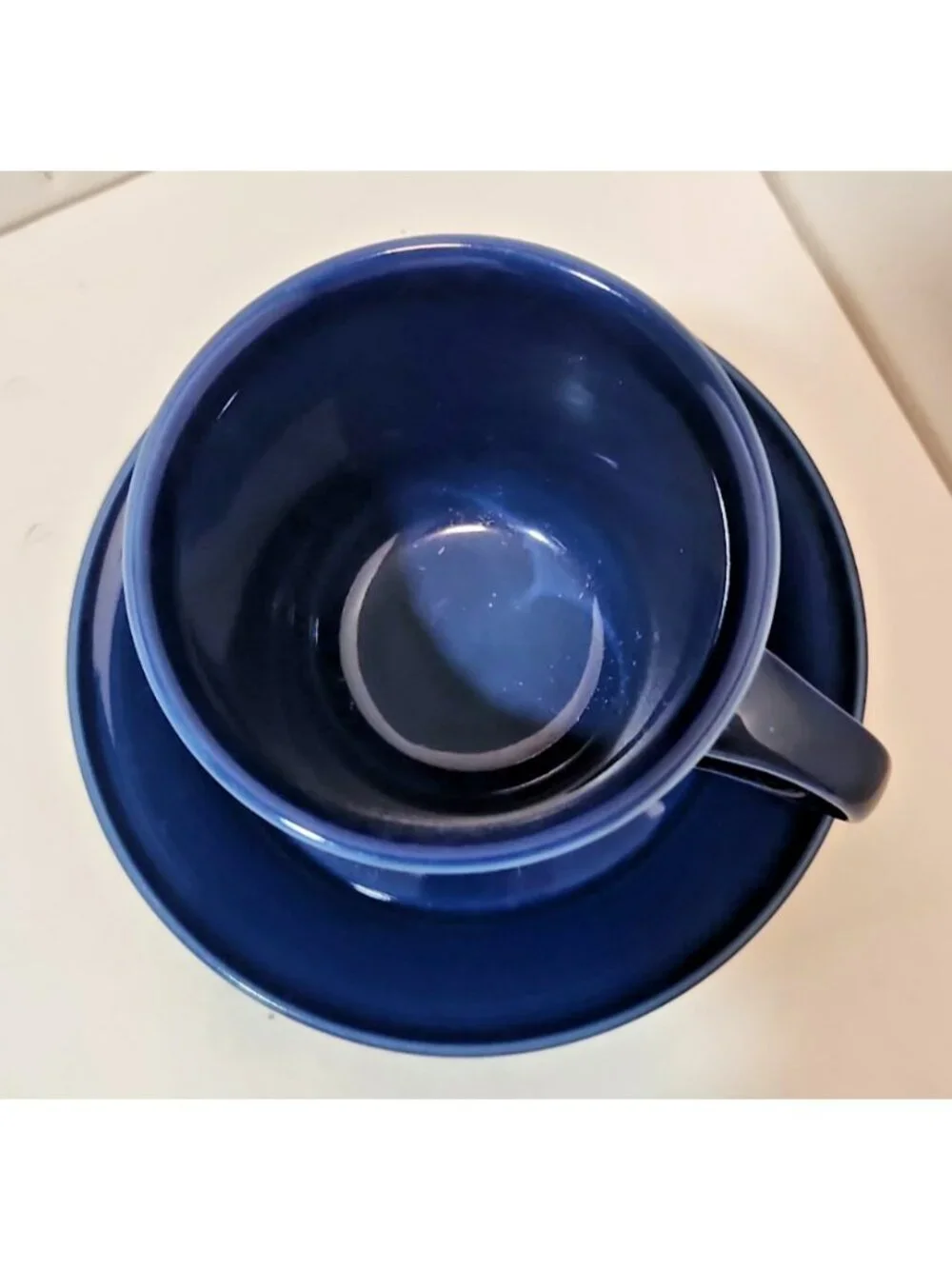 Vtg Set 3 Nancy Calhoun Stoneware Sapphire Blue Cups & Saucers